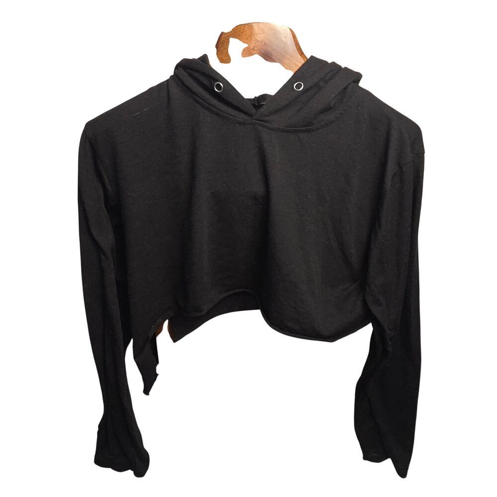 Black Raw Hem Ultra Cropped Long Sleeve Hoodie Sweater M